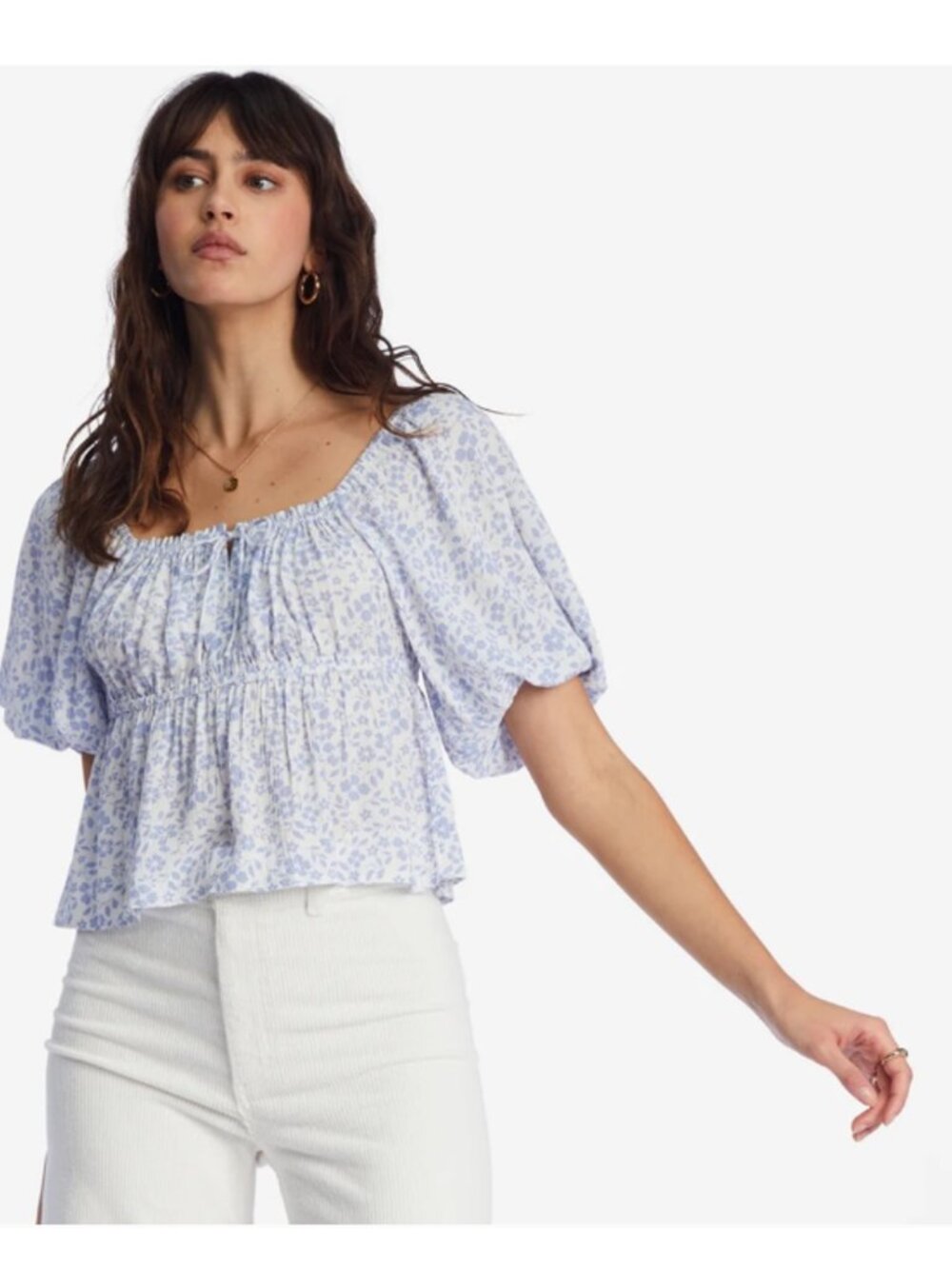 Billabong Light Blue Floral Puff Sleeve Crop Top Size Large